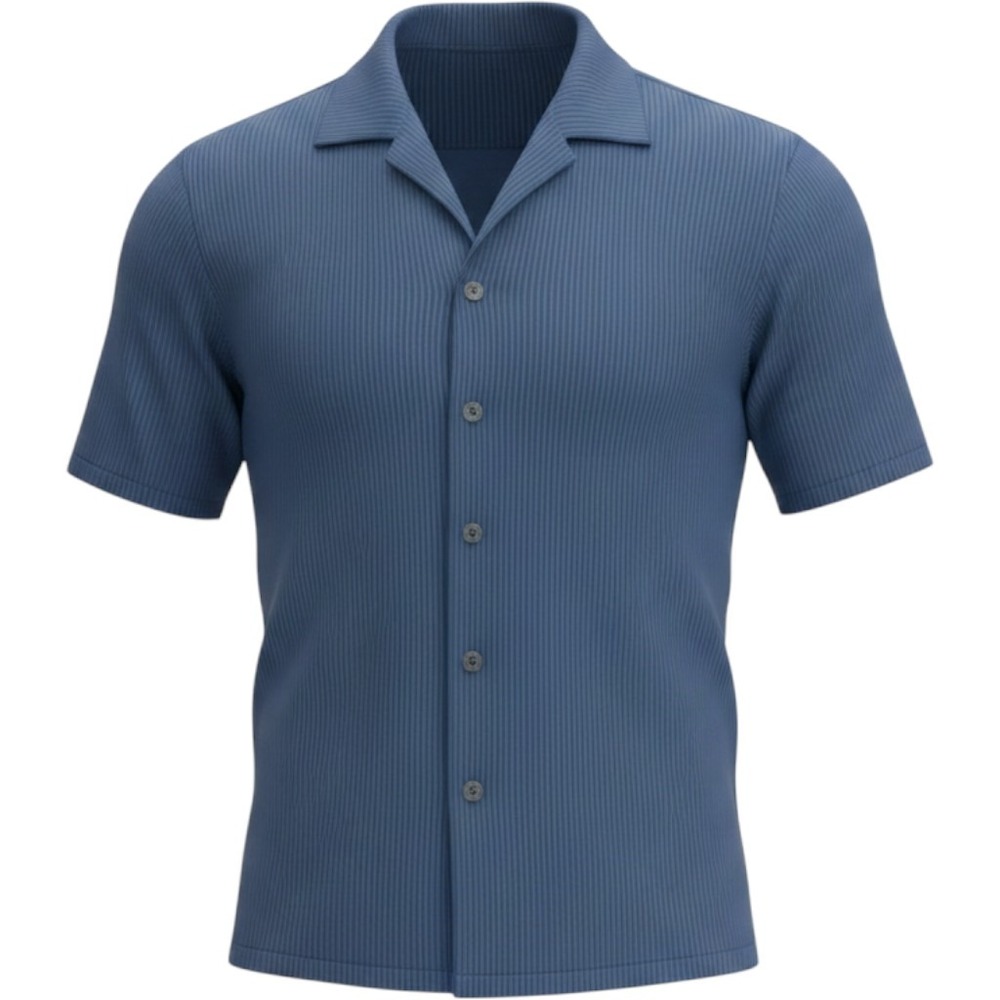 Cove Mens Ribbed Short Sleeve Button Down Shirt Blue Camp Collar Large